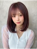 黒髪/グレーベージュ/レイヤーロング/前髪パーマ