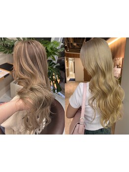 髪のダメージを抑えダメージレスなハイライト・ダブルカラー・ケアブリーチを使用し幅広いデザインをご提案