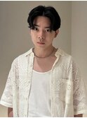 センターパートニュアンスパーマダウンパーマコンマヘア黒髪