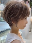 小顔ショートボブ丸みショート/ハイライトカラー/ベージュカラー