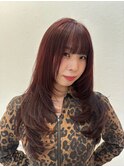 ロング顔周りレイヤーシャギーレイヤー前髪ありチェリーレッド