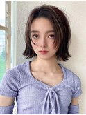 シースルーぱっつん前髪ミニウルフボブチェリーブラウン