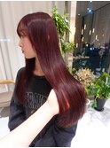 ブリーチなしカラーワインレッド×ロングストレート