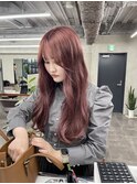 ダブルカラーチェリーレッドピンクブラウン韓国レイヤーロング
