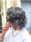 1874渋谷メンズ黒髪ハイライトメッシュツイストスパイラルパーマ