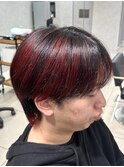 メンズデザインカラー赤メッシュ裾カラーハイライト