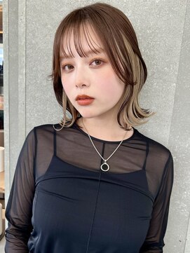 ロンドワン 三宮元町(Lond one) 切りっぱなしボブ/インナーカラーミルクティーベージュ