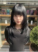 ロングレイヤーカットフェイスレイヤー暗髪ブラックカラー
