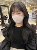 グレージュカラー顔まわりカットブルーブラック韓国風前髪山梨