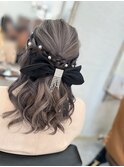 ヘアセット　ヘアアレンジ　ハーフアップ　リボン　巻き髪　八代