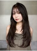 黒髪ロング顔周りレイヤー韓国ヘア_F1159