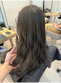 ロングオリーブグレージュ_黒髪ボブルフネビージュ小顔ワンレン