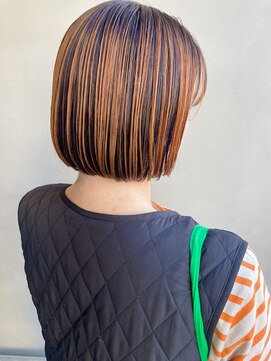 ヘアー アイス 御器所本店(HAIR ICI) デザインカラーブリーチオレンジコントラストカラー30代ボブ