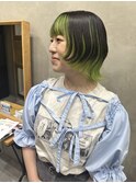 ネオングリーン/ブラック/インナーカラー/ウルフカット