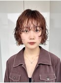 ショートボブパーマ顔まわりレイヤーボブワインレッド姫カット