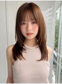 小顔 前髪 レイヤーカット くびれヘア  アプリコットオレンジ"