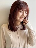 ミディアムレイヤー　ボルドーカラー　ダブルカラー　顔周り