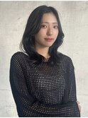前髪無し韓国風ミディアムレイヤーカット黒髪【福岡博多】