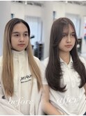 オルチャンレイヤー くすみグレージュ 小顔前髪 髪質改善 艶髪