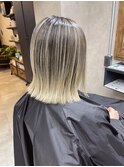 バレイヤージュ、ハイライト、レイヤーロング、グレーベージュ