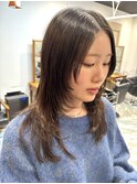 ロングショートワンカールパーマカーキグレージュ前髪錦糸町