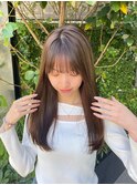 小顔薄めバンググレージュレイヤーロング前髪パーマ黒髪