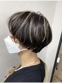 ハイライトカラーケアブリーチダブルカラーショートヘアボブ前髪