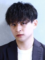 メンズ黒髪パーマツーブロックマッシュビジネスショートヘア