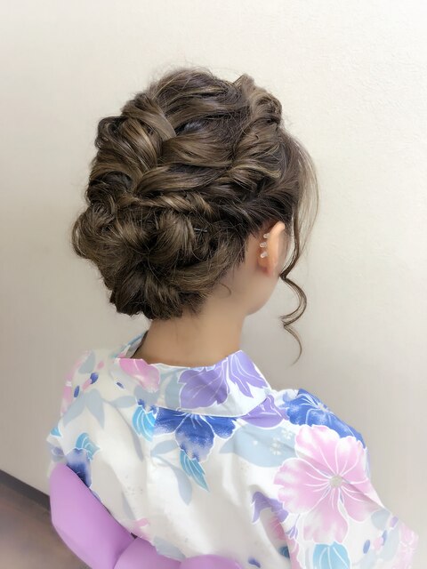 浴衣と編み込みヘアーセット