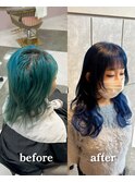 ハイトーンブルーカラーウルフカットエクステカット