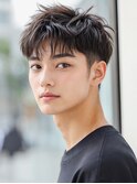 韓国マッシュ スペインカール スパイキーショートブルーブラック