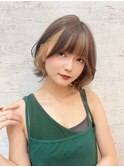 小顔ヘア　ヌーディーカラー　韓国ボブ　切りっぱなしボブ
