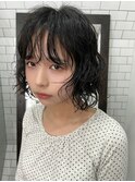 切りっぱなしボブ×顔周りレイヤー×パーマ