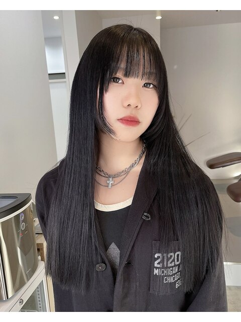 黒髪ネイビーフェイクブラック艶髪ロング韓国ヘア10代20代