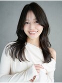 暗めカラー韓国ヘア顔周りレイヤー前髪カットロング_F40684