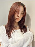 レッドカラー/ロングヘア/セミロング/韓国/髪質改善/艶カラー