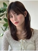 韓国鎖骨ミディアムワンカールレイヤーカットブラウンカラー