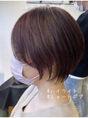ショートボブ/ハイライト/ワインレッド