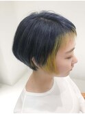 DEEPブルー×インナーカラーイエロー　ショートデザインカラー
