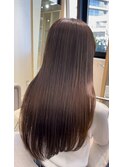 小顔薄めバンググレージュレイヤーロング前髪パーマ黒髪