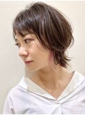 ウルフショート/インナーカラーピンク/癖毛くせ毛/大人レイヤー