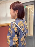 切りっぱなしボブ ピンクブラウン ブリーチなしカラー 艶感