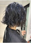 朝ラクボブパーマハイライトカラー黒髪ボブパーマウェーブ