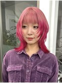 ボブウルフレイヤーカットハイトーンピンクコントラストカラー