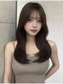ミルクティーベージュミディアムヘアラベンダーカラー薄め前髪◎