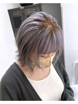 ヲタク(wotaku.) ルーツカラーパープルブリーチリタッチデザインカラーウルフボブ