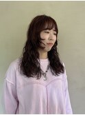 ロングレイヤーパーマ×チェリーブラウン