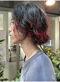 癖が活かしパーマ風レッドハイライトデザインカラー
