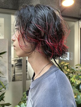 レコ 渋谷(LECO) 癖が活かしパーマ風レッドハイライトデザインカラー