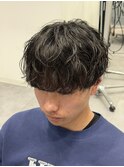 シャドウパーマショートマッシュツーブロック韓国スパイラル黒髪